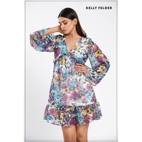 Kelly Felder Women's Colorful Floral Boho Plunging Neckline Mini Dress Size 6 - Picture 2 of 6